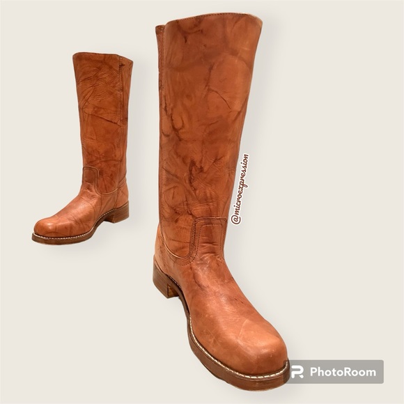 $599 Frye Campus 14L Cognac Leather Block Heel Square Knee High Tall Cowboy Boot - Picture 14 of 15